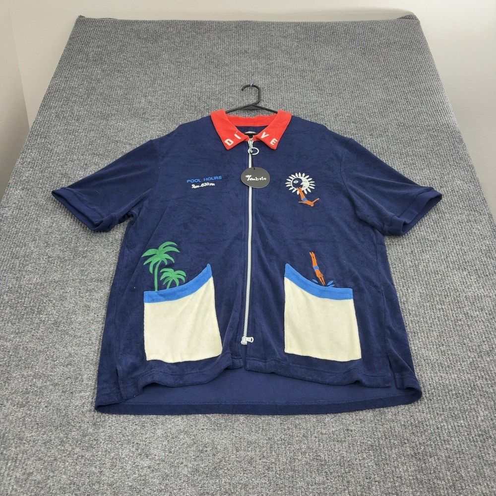Tombolo x Hotel Magique Dive Cabana Shirt Mens XL Blue Cotton Terry Zip Up Polo